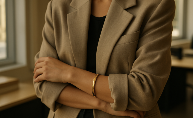 Power dressing 2.0 : blazer oversize, manche retroussée, jonc rigide