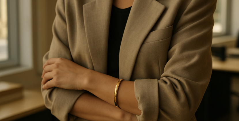 Power dressing 2.0 : blazer oversize, manche retroussée, jonc rigide